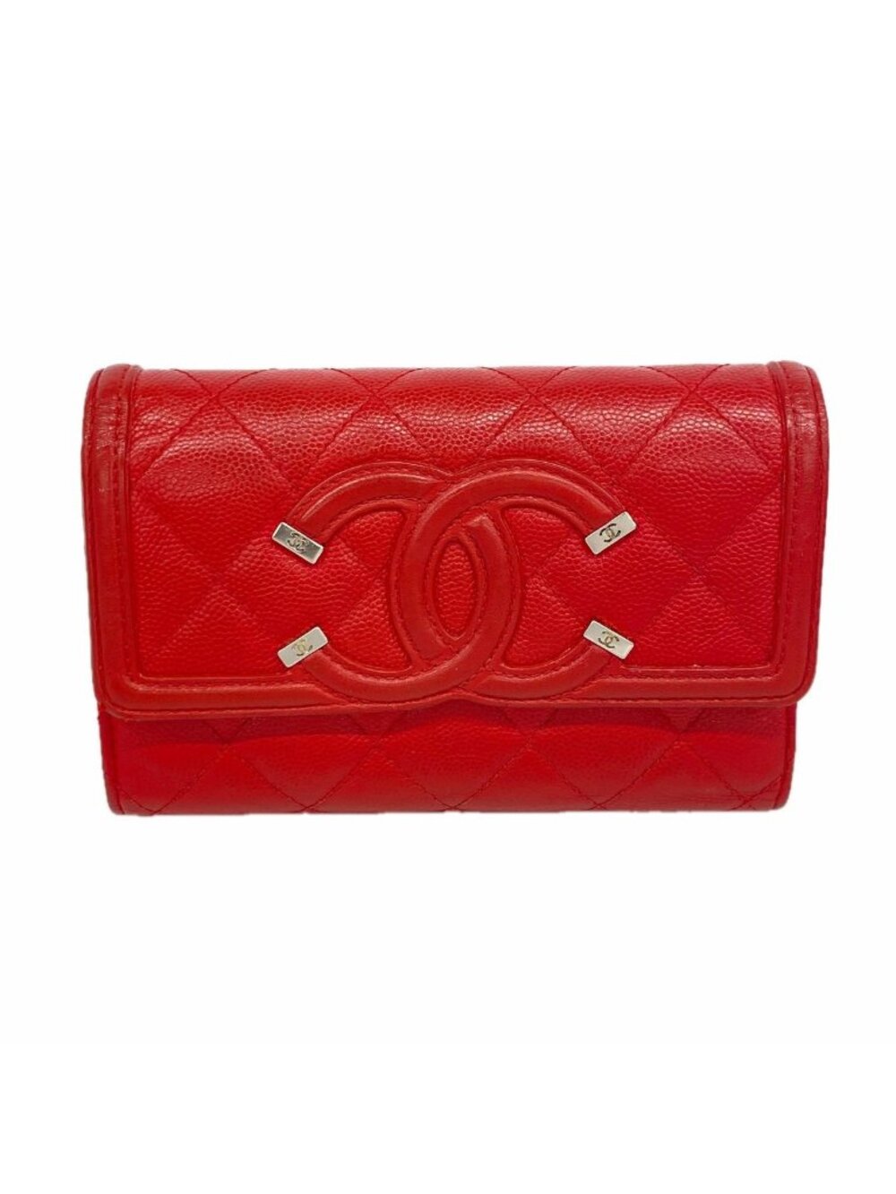 Chanel Trifold Wallet CC Filigree Caviar Leather Red Gold